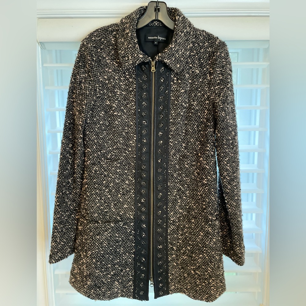 NANETTE LEPORE mid Soft Knit long Sweater JACKET 6 Black beige Lined zip coat